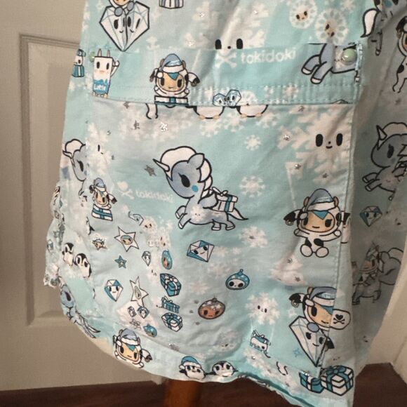 Tokidoki by Koi Womens Medium Blue Cartoon Print Scrub Top Pockets Medical Nurse - Picture 6 of 16